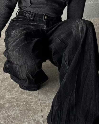 【Unisex】黑色水洗牛仔寬褲 Black Washed Denim Wide Pants