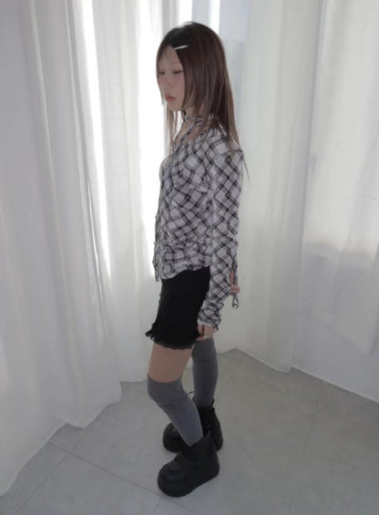 掛頸格仔長袖上衣 Halter Neck Check Long Sleeve Top