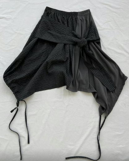 不對稱拼接蝴蝶結系腰中裙 Asymmetric Patchwork Bow Midi Skirt