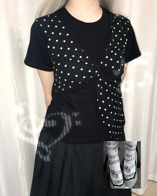 復古波點假兩件短袖 Polka Dot Faux Two-Piece Short Sleeve Top