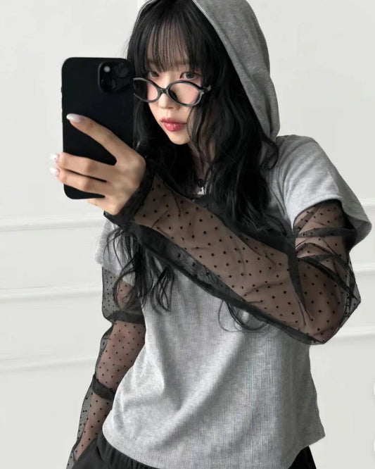 假兩件蕾絲打底短袖衛衣 Mock Two-piece Lace Bottom Short-sleeved Sweatshirt