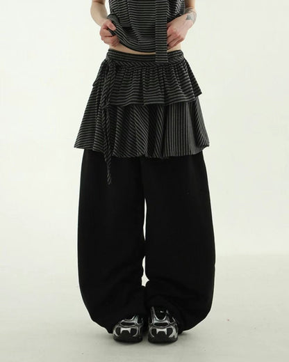 可拆除條紋裙擺寬褲 Striped Wide Pants With Detachable Hem