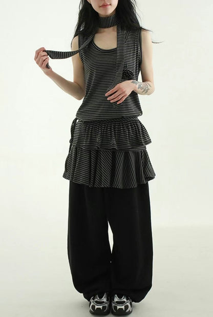 可拆除條紋裙擺寬褲 Striped Wide Pants With Detachable Hem