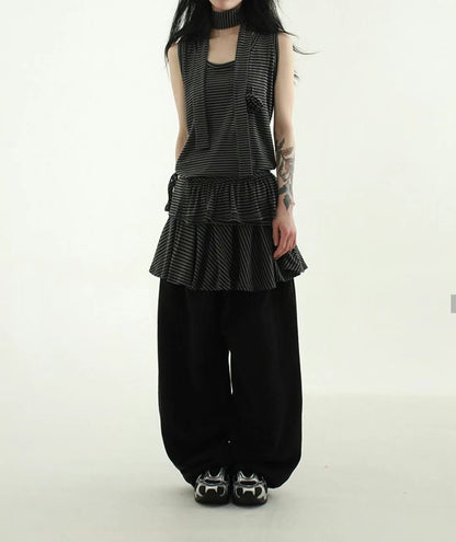 可拆除條紋裙擺寬褲 Striped Wide Pants With Detachable Hem