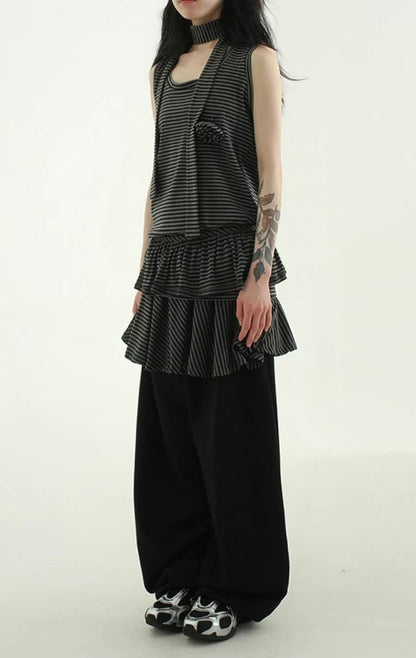 可拆除條紋裙擺寬褲 Striped Wide Pants With Detachable Hem
