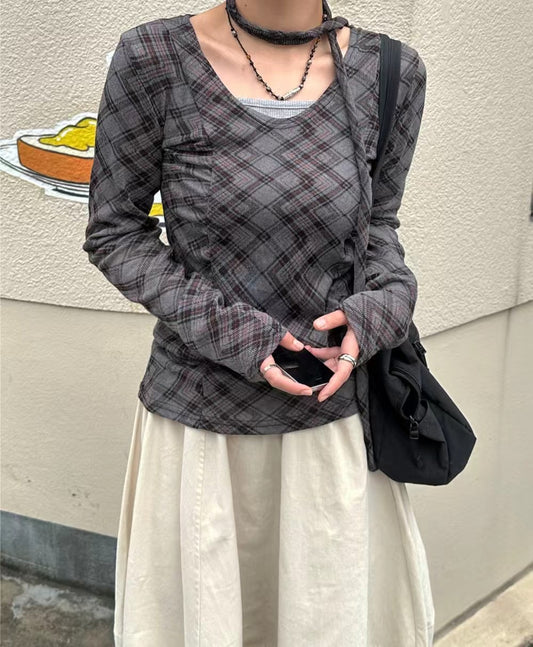 掛頸格仔長袖上衣 Halter Neck Check Long Sleeve Top