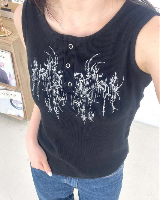 手繪圖騰印花鈕扣背心 Totem Print Button Tank Top