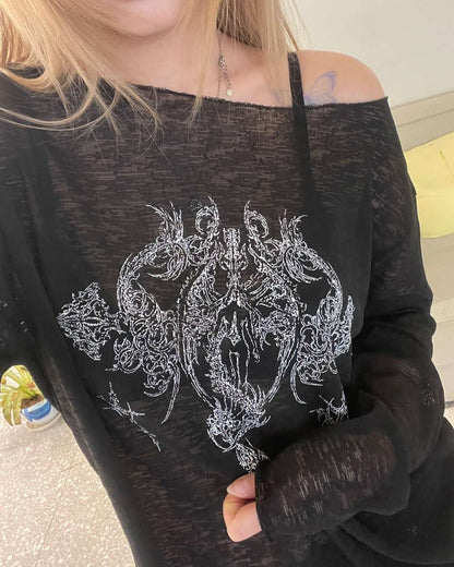 手繪印花露肩罩衫 Totem Print Off Shoulder Blouse