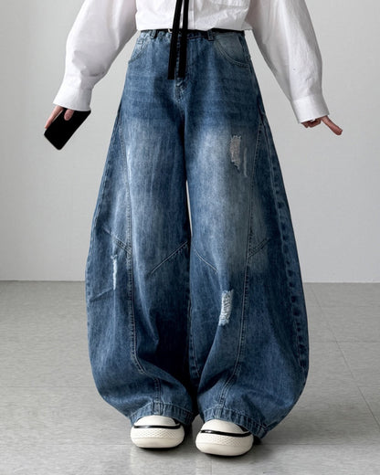 【Unisex】水洗彎刀牛仔褲 Washed High-rise Barrel-leg Jeans