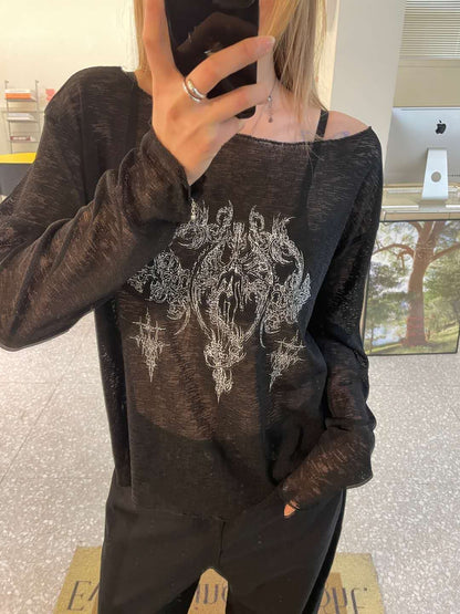 手繪印花露肩罩衫 Totem Print Off Shoulder Blouse