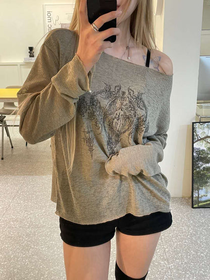 手繪印花露肩罩衫 Totem Print Off Shoulder Blouse